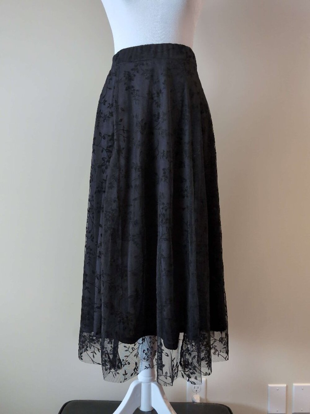 Black Velvet Floral Mesh Overlay Midi Skirt Gothic Whimsigoth Dark Romantic